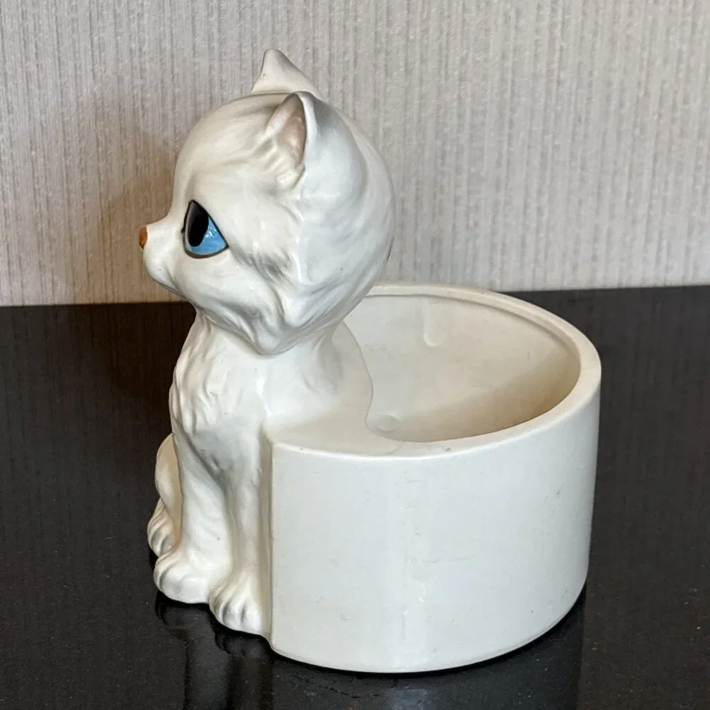 Lefton White Cat Planter Figurine Blue Eyes Mid Century Tabby Kitty Japan 60s - Picture 2 of 10